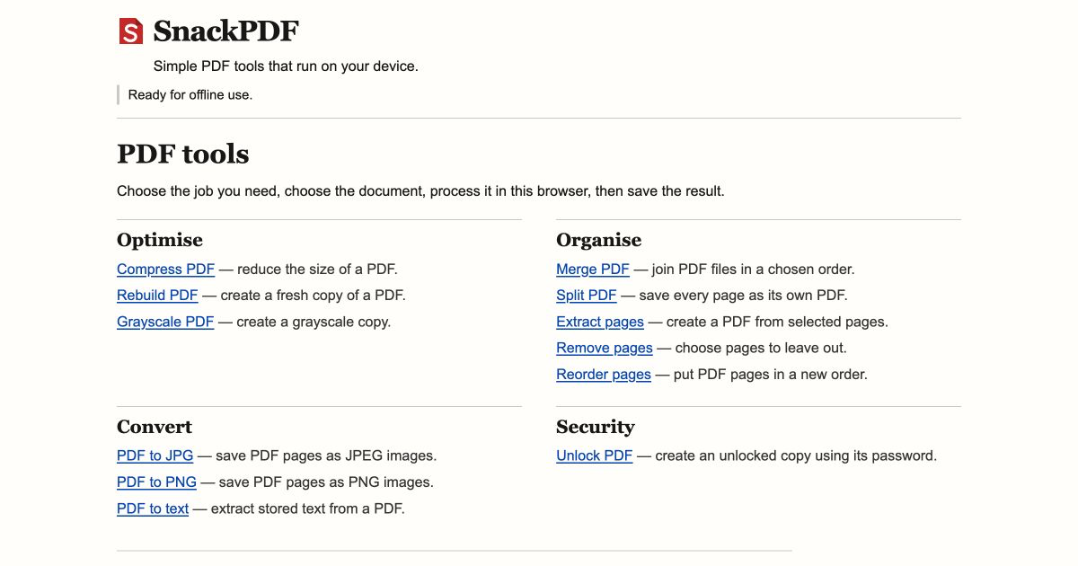 SnackPDF, offline pdf processor after the first load